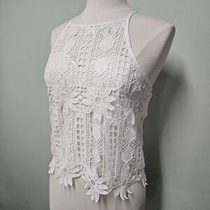 Rebellion Lace Crochet Daisy Halter White Festival Embroidered Knit Tank NWT